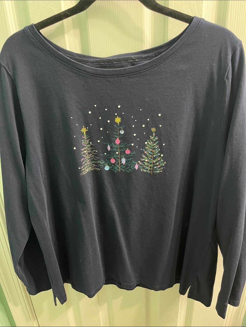 Talbots Navy Plus-Size Long Sleeve Tee with Festive Tree Motif